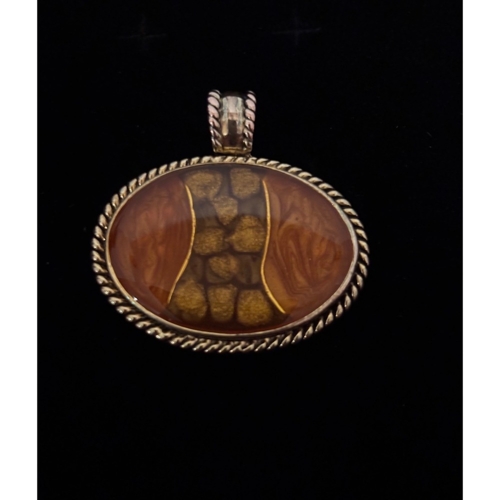KCS Vintage Oval Pendant Gold Tone Burnt Orange Swirl Enamel Statement Charm